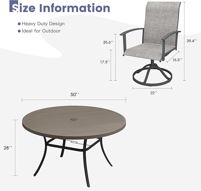 VICLLAX Outdoor Table and Chairs Set for 6, Patio Dining Set of 50 Metal Round Patio Table with Umbrella Hole & 6 Swivel Outdoor Dining Chairs for Backyard Lawn, Grey & Antique Grey