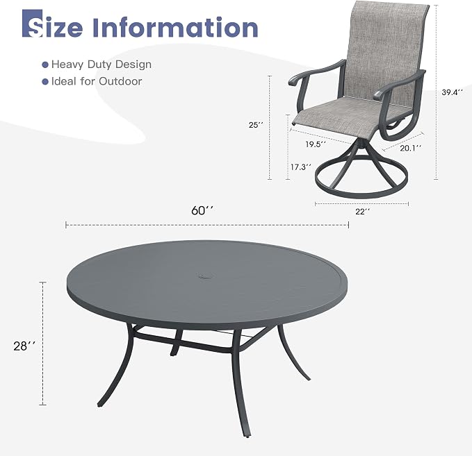 VICLLAX 9 Pieces Patio Dining Set, Outdoor Furniture Set of 8 Patio Swivel Dining Chairs and 60" Patio Round Table for Yard Backyard, Grey Chairs & Dark Grey Tabletop