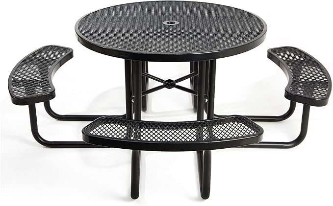 46IN Round Outdoor Picnic Table with Attached Seats, Heavy-Duty Metal Expanded Mesh Patio Table, 1600LBS Load Capacity Commercial-Grade Table for Park, Backyard, Deck, Black