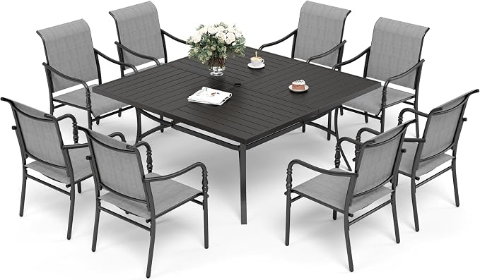 SUNSHINE VALLEY Patio Table and Chairs Set of 8, All-Weather Breathable Textilene Patio Chair with Gourd-Shaped Armrests, 60x60 Square Table with Umbrella Hole, 9 Pcs Metal Frame Patio Dining Set