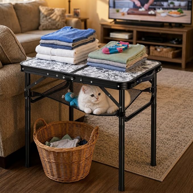 Outdoor Side Table, Portable 3 Adjustable Height Small Outdoor Folding Table, Aluminum Foldable Patio Side Tables for Outside Indoor, Plant Stand Coffee End Table for Pool, Porch,Garden, Balcony
