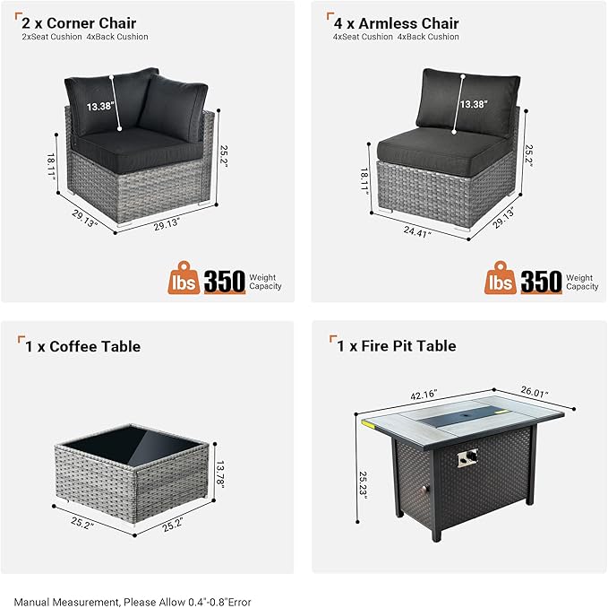 ovios Outdoor 8 Piece Patio Furniture Set with Fire Pit Table,Conversation Sectional Wicker Couch with Coffee Table,Modern Outside Sofa for Balcony Backyard, Dark Grey