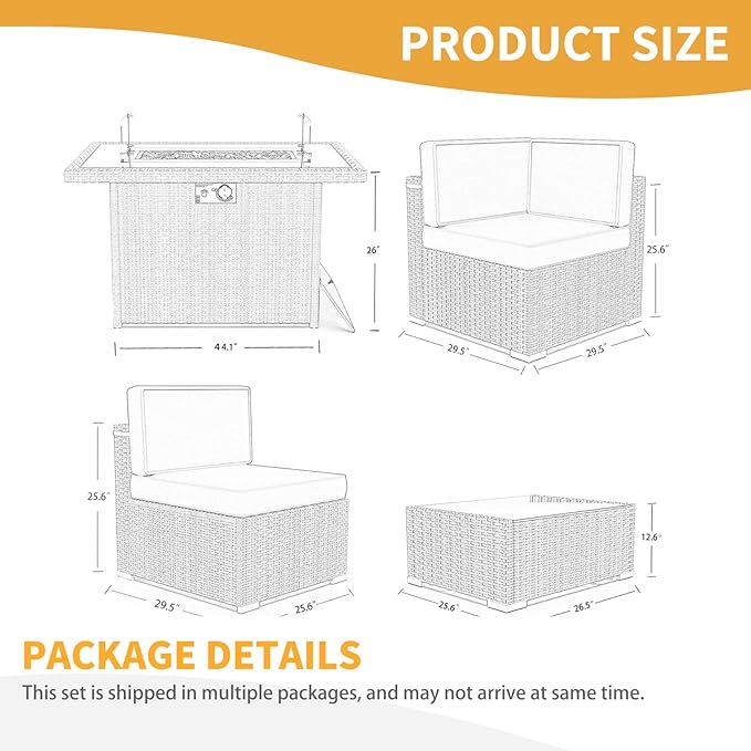 LayinSun 8 Pieces Patio Furniture Set with Fire Pit Table, Black Rattan Modular Sectional Patio Conversation Sofa Set