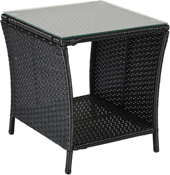HomVent Patio Wicker Rattan Side Table, Outdoor Square Tempered Glass Top Rattan Coffee Table End Table Furniture with Storage for Patio Courtyard Balcony (Black)
