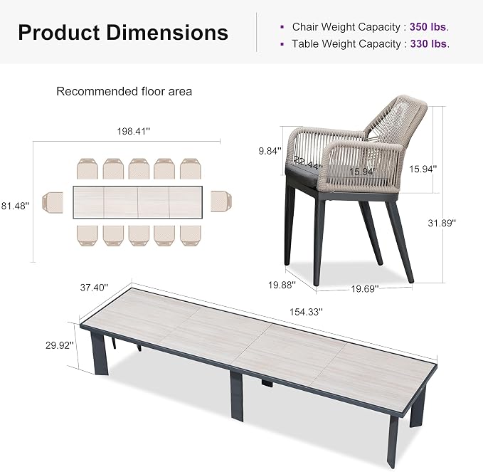 PURPLE LEAF 13 Pieces Patio Dining Set Aluminum Modern Rectangular Table and Rattan Arm Chairs with Cushions for Kitchen Porch Garden Outdoor Furniture Sets, Beige and Dark Grey