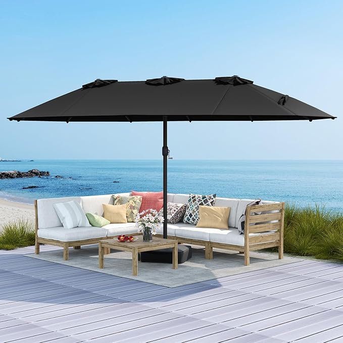 Tangkula 15FT Double-Sided Patio Umbrella with Base, Extra-Large Market Umbrella W/Crank System, Outdoor Twin Umbrella W/ 12-Rib Metal Structure & Air Vents for Garden, Backyard, Poolside