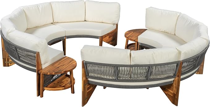 3-Piece Outdoor Patio Furniture Sectional Sofa Set, 2 Semi-Circle Sofas with Coffee Table, All-Weather Acacia Wood Conversation Set with Cushions for Garden Backyard Balcony, Freely Combined