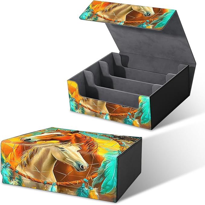 Card Deck Box for MTG, Cards Storage Box Fits 120+ Sleeved, Leather Big Size Strong Magnetic Closing Case for Board Games Magic TCG CCG Baseball Collection Man, Two Horses Paving Dream Net