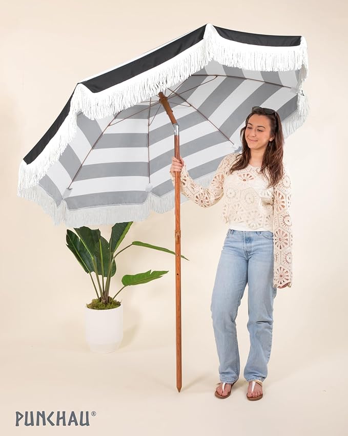 6 Ft Fringe Patio Umbrella - Outdoor Umbrella for Patio, Pool, Table, Garden, Deck, Beach, and Outdoors - Fashionable Boho Vintage Tassels & Wood Print - Push Button Tilt Pole
