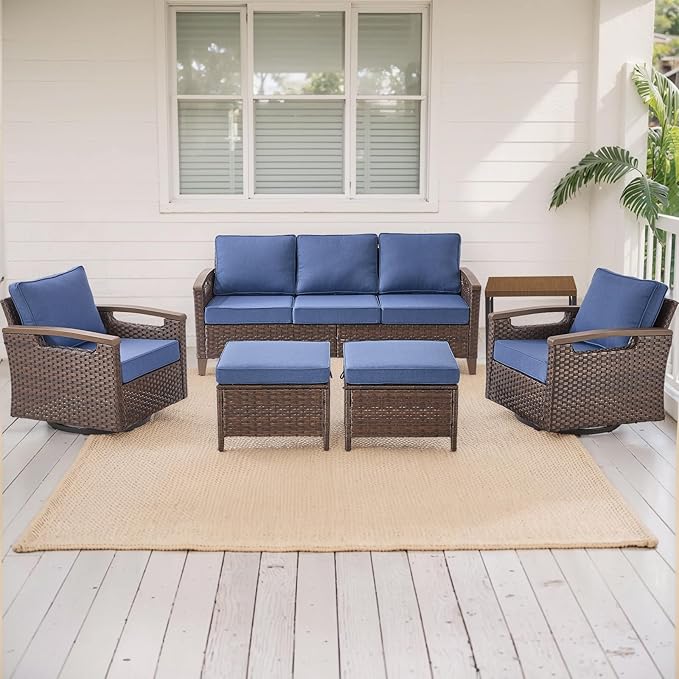 Rilyson Wicker Outdoor Patio Furniture Set - 6 Piece Patio Conversation Sets with Swivel Rocker Chairs, Sofa, Ottomans and Side Table, Thick Cushions, Waterproof Wicker, for Porch Deck Brown/Blue