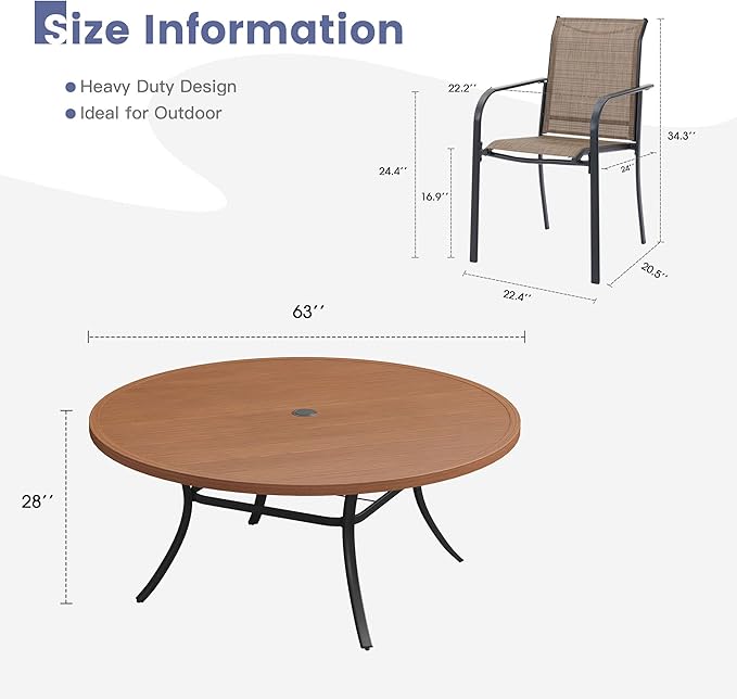VICLLAX Round Outdoor Dining Set, Patio Table and Chairs Set Set of 10 Patio Stackable Chairs and 63" Outdoor Round Table with Umbrella Hole for Backyard Lawn Garden, Brown Chairs and Walnut Table
