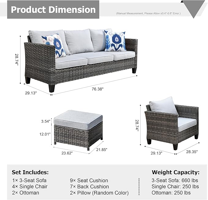 HOOOWOOO Wicker Patio Conversation Sets,7 Piece Outdoor Furniture Set with Ottoman,All Weather Resistant Modern Outside Out Door Rattan Couch Chairs Set,Light Gray
