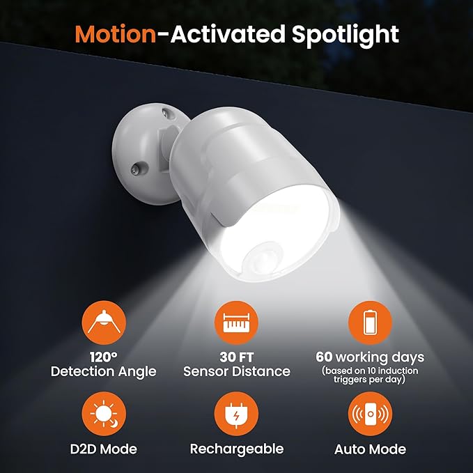 Battery Operated Motion Sensor Light Outdoor, 4000mAh Rechargeable 600 Lumen Battery Powered Spotlight Outdoor Waterproof for Porch, Garage, House(2 Pack)(Non-Solar)
