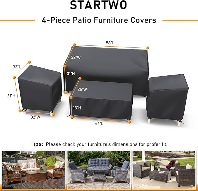 STARTWO Heavy Duty 600D Patio Furniture Covers 4-Piece Set for Loveseat, Chairs and Coffee Table, Outdoor Waterproof, Black
