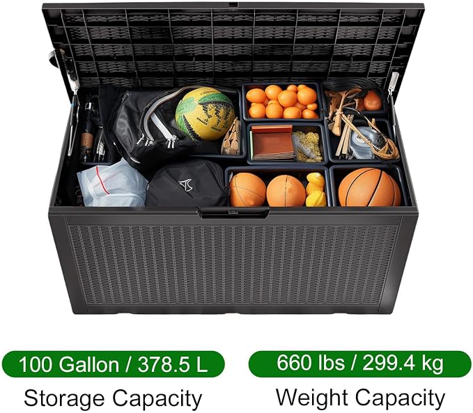 Resin Deck Box, Lockable Patio Outdoor Storage Box for Furniture, Garden Tools and Tools Storage, Waterproof Outside Storage Boxes (Black, 100 Gallon)