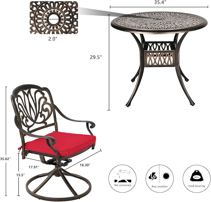 Grepatio 5 Piece Outdoor Dining Set Cast Aluminum Patio Dining Set Table and Chairs Outside Furniture 4 Swivel Chairs with Cushion and 1 Umbrella Round Dining Table for Lawn Garden Patio (Red)