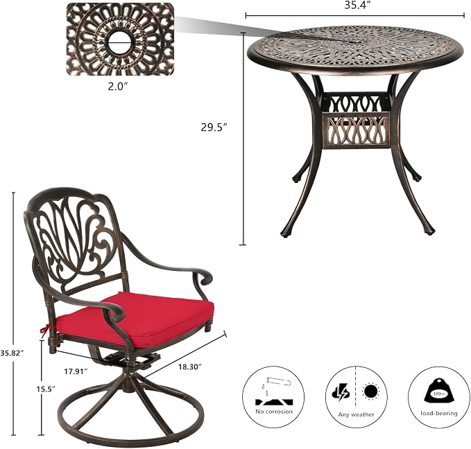 TITIMO 5-Piece Cast Aluminum Outdoor Patio Dining Set, 4 Pattern Chairs and Table, Cast Aluminum Conversation Set with 2.2” Umbrella Hole, 1 Round Table and 4 Swivel Chairs with Cushions (Red)