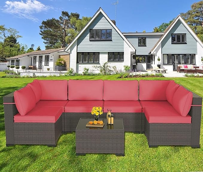ALAULM 7 Pieces Patio Furniture Set Wicker Patio Conversation Set, Outdoor Sectional Furniture w/Coffee Table & Washable Seat Cushions-Red