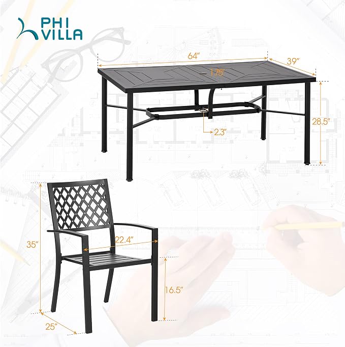 PHI VILLA 7 Pcs Outdoor Dining Set,Rectangular Metal Table& Stackable Chairs
