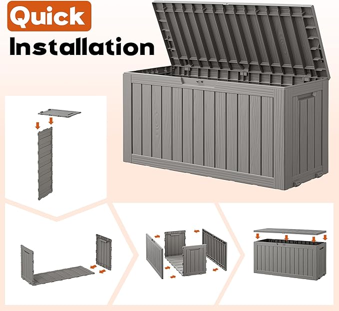 Outdoor Storage Box, Resin Deck Boxes Indoor and outdoor, Waterproof Storage Box Lockable Lid (Grey, 85 Gallon)