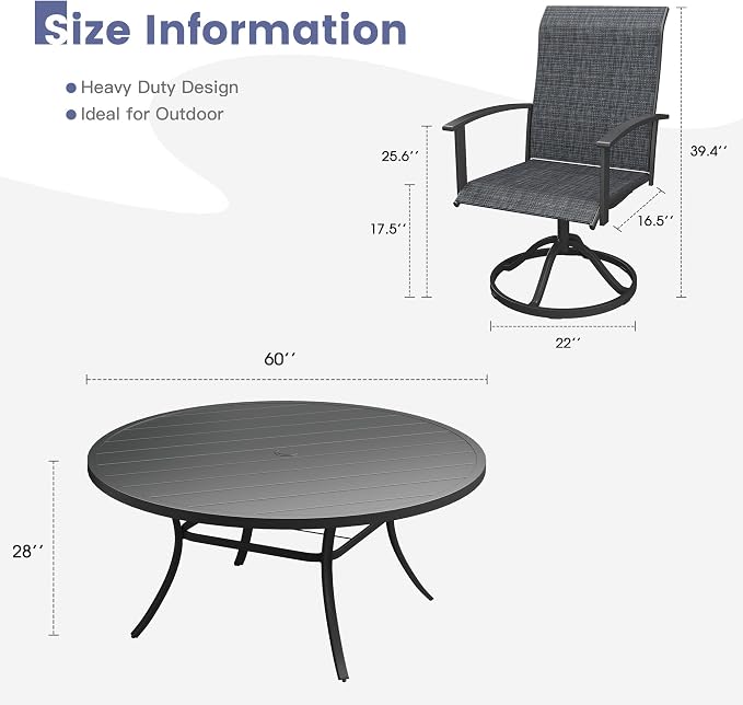 VICLLAX Outdoor Table and Chairs Set for 8, Patio Dining Set of 60" Metal Round Patio Table with Umbrella Hole & 8 Swivel Outdoor Dining Chairs for Backyard Lawn, Charcoal & Black
