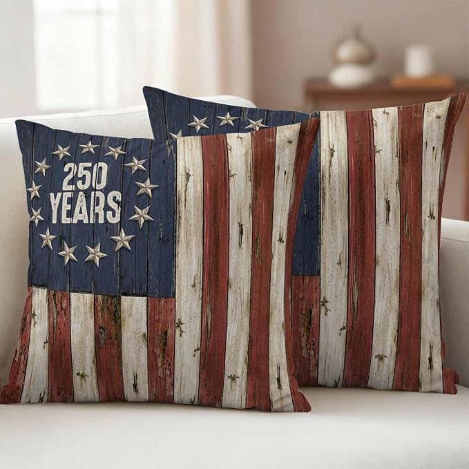 250 Year Anniversary USA Outdoor Waterproof Throw Pillow Covers 24"x24" Set of 2, 4th of July Vintage Wood Decorative Garden Pillowcase with Zipper Cushion Case for Patio Couch Tent