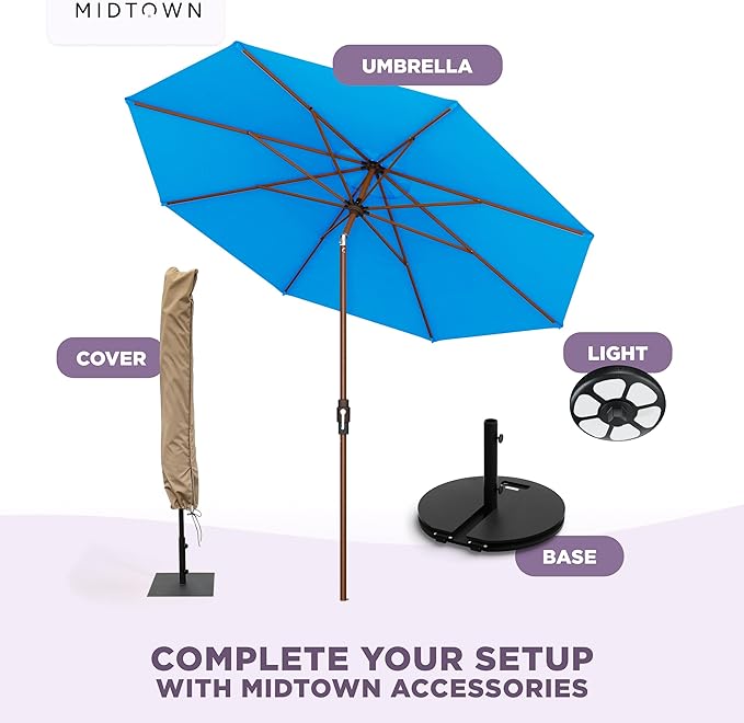 Midtown Umbrellas Wooden 2-10 Ft Patio Umbrella with 360° Swivel & Tilt Mechanism, 8 Fiberglass Ribs & Terylast Polyester Fabric for Deck, Pool, Garden & Porch - Cobalt Canopy, Wooden Pole