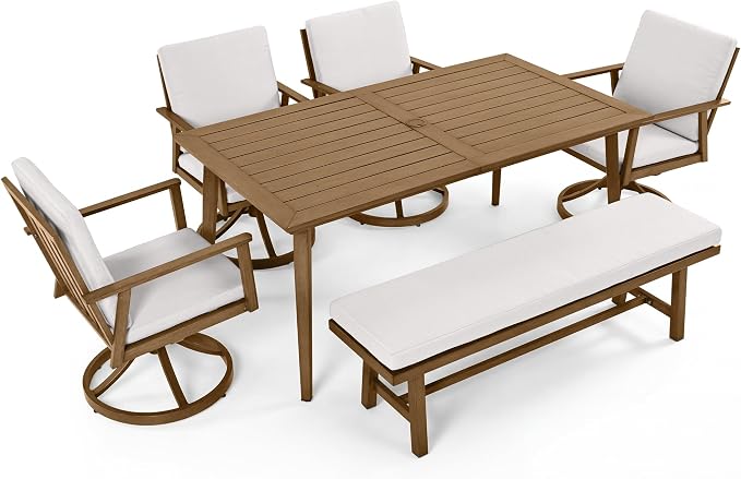 6-Piece Outdoor Table Set with Swivel Chairs & Bench, 6-Person Outdoor Rectangular Dining Table with Umbrella Hole, Faux Wood Grain Patio Table Set with Chairs for Garden Backyard Proch, Teak