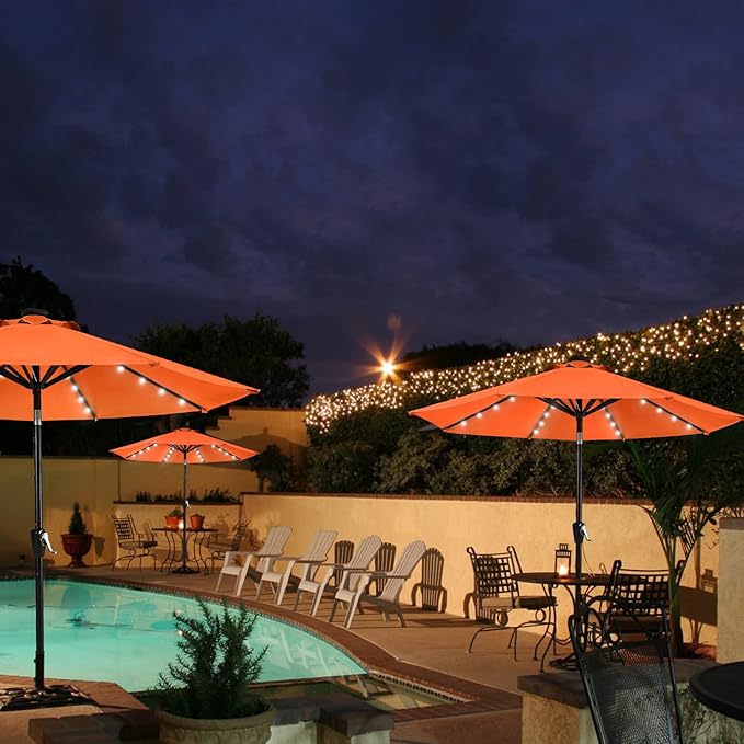 MASTERCANOPY 9FT 8Ribs Patio Umbrella with 32 Solar LED Lights, Outdoor Market Umbrella with Tilt & Crank, UV Protection & Fade Resistant Fabric, Easy Set-Up for Garden, Deck, Pool (Orange)