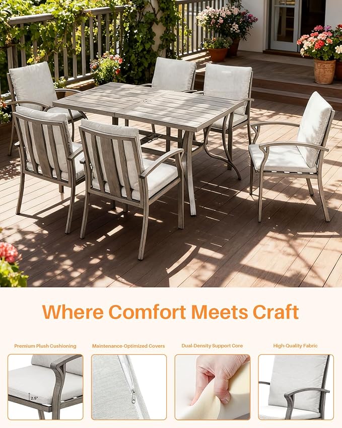 7-Piece Outdoor Patio Dining Set, Aluminum Patio Dining Set with 2.2" Umbrella Hole, Outdoor Table and Chairs with Cushions, Patio Furniture Sets for Lawn, Garden, Backyard, Limed Oak