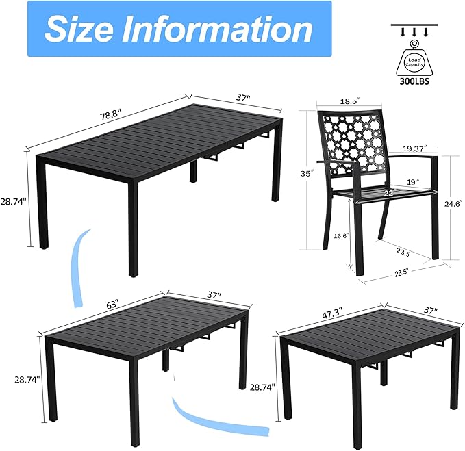 MEOOEM Outdoor Patio Dining Sets for 8, Outdoor Expandable Long Tables and Stackable Chairs Set of 8, All Weather Heavy Duty Black 9-Piece Outdoor Patio Table and Chairs for Garden, Backyard