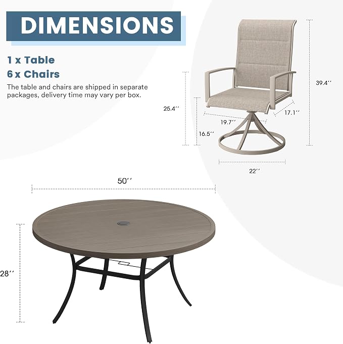 DIFY 7 Piece Outdoor Patio Dining Set for 6, 50" Grey Wood-Like Round Metal Dining Table and Swivel Patio Chairs with Sandshell Padded Textilene, All-Weather Outdoor Furniture Set for Garden Backyard