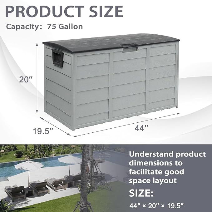 CrownLand 75 Gallon Outdoor Storage Deck Box Upgraded Patio Sun-proof Woodgrain Patio Storage Box for Patio, Garden, Balcony(Grey), Gray