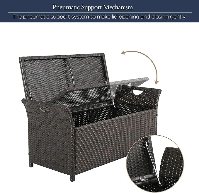 Patio Wicker Storage Bench Outdoor Rattan Deck Storage Box with Red Cushion