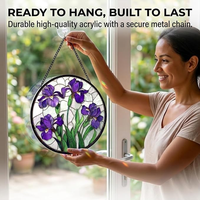 Birthday Gifts for Women - Purple Iris Faux Stained Glass Window Hanging Sun Catcher for Door Garden Acrylic Flower Decor Mother's Day Christmas for Mom Nana Friend Grandma Wife 6.3"