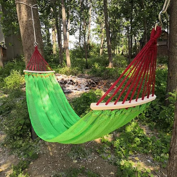 Portable Hammock Chair Swing, Super Soft Breathable Nylon Mesh Hammock Tent Camping Backyard Patio,Heavy Duty Hanging Swing for Indoor Outdoor (Green, with Wooden Support)
