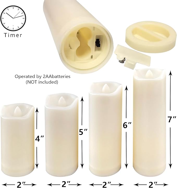 QIDEA 2”X4” Outdoor Waterproof Flameless Candles With Timer, Battery Operated Flickering Led Pillar Candles, Electric Plastic Fake Candles For Home Garden Wedding Halloween Xmas Decorations 4 Pack