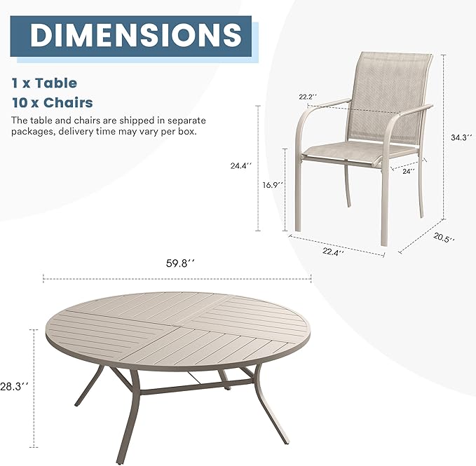 DIFY Patio Dining Set for 10, 11 Piece Outdoor Table and Chairs Set, 59.8" Round Metal Patio Dining Table and 10 Textilene Stackable Patio Chairs, for Backyard Garden Poolside, Sandshell