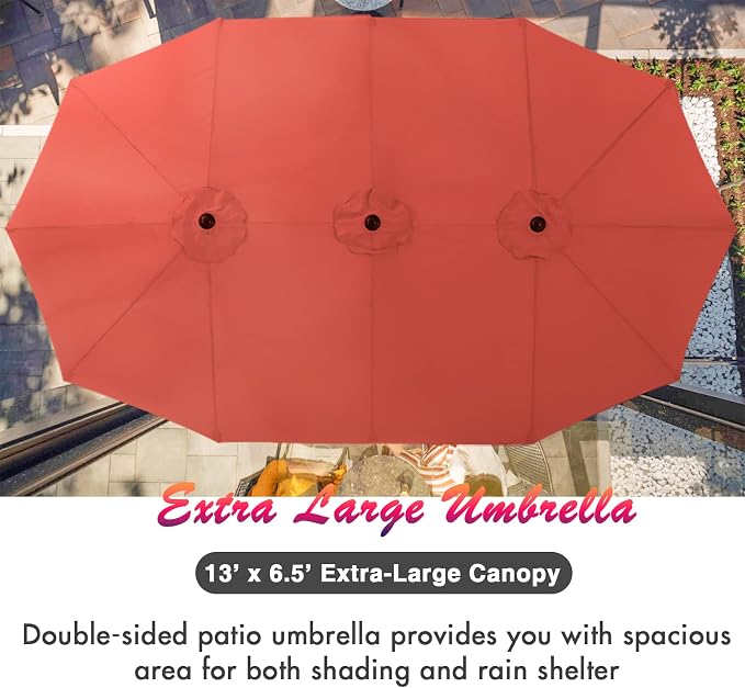 PHI VILLA 7pc Patio Dining Set w/Umbrella, Rectangular Table, Rattan Chairs | Outdoor Dining Set for 6, 60" Metal Table & 6 Cushioned Rattan Chairs with Red Umbrella for Outdoor, Deck, Yard, Porch