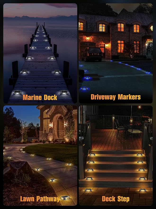 Solar Driveway Lights Solar Dock Lights 9 Colors in 4 Pack, Waterproof IP68, Outdoor, for Driveway Markers, Pathway, Sidewalk, Marine Dock, Warning Step