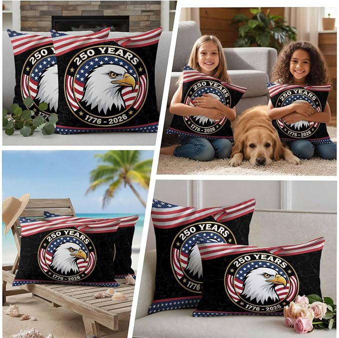 250 Year Anniversary Outdoor Waterproof Throw Pillow Covers 18x18 Set of 2, Independence Day Eagle USA Flag Decorative Pillowcases Cushion Pillowcase for Couch Sofa Patio Outside Pillow Protector