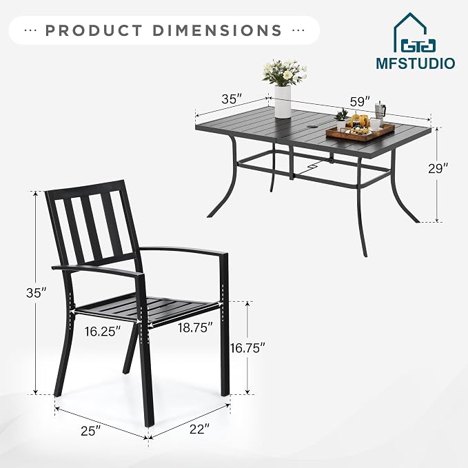 MFSTUDIO Outdoor Dining Set for 6, Patio Table and Chairs Set with Umbrella Hole, 7 Piece Metal Patio Dining Set for Deck Backyard Poolside Garden