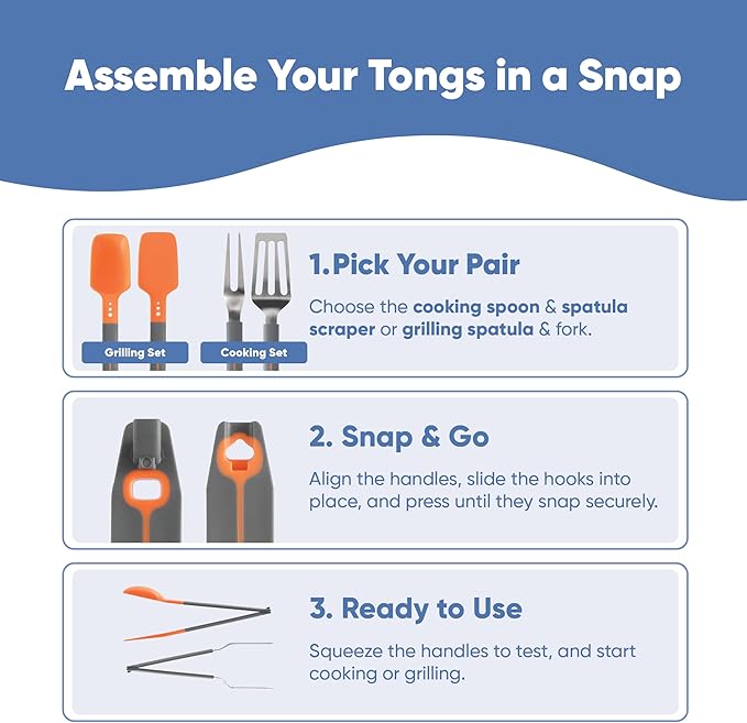 Chef’s Path Grip & Flip Utensil Set - Snap-on Kitchen Tongs & Cooking Utensil Set - Cooking Spoon, Spatula Scraper, Grill Spatula, & Grill Fork for Home Kitchen, BBQ Tools, Camping & Outdoor Cooking