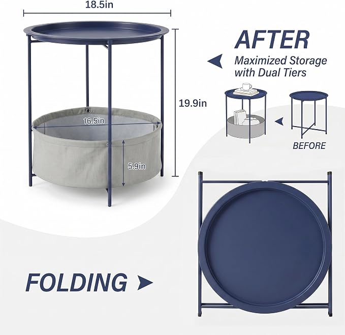 VECELO Round Side/End Table with Fabric Storage Basket,Metal Anti-Rust and Waterproof Small Bedside Nightstand with Removable Tray Top for Living Room,Balcony & Laundry,Blue /2pcs with Basket