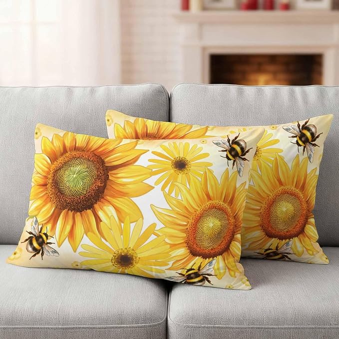 Outdoor Throw Pillow Covers,Rustic Sunflower Yellow Flower Waterproof Decorative Pillowcases Cushion Cover Spring Farmhouse Floral Bee Pillow Cases for Patio Couch Sofa Bed,20x12in Set of 2