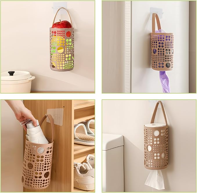 Hanging Fruit Basket 2Pcs Fruit Hammock for Kitchen Space Saving Stackable Wall Storage Bag with Hooks for Fruits, Vegetables, Flowers, Braeds (Brown)