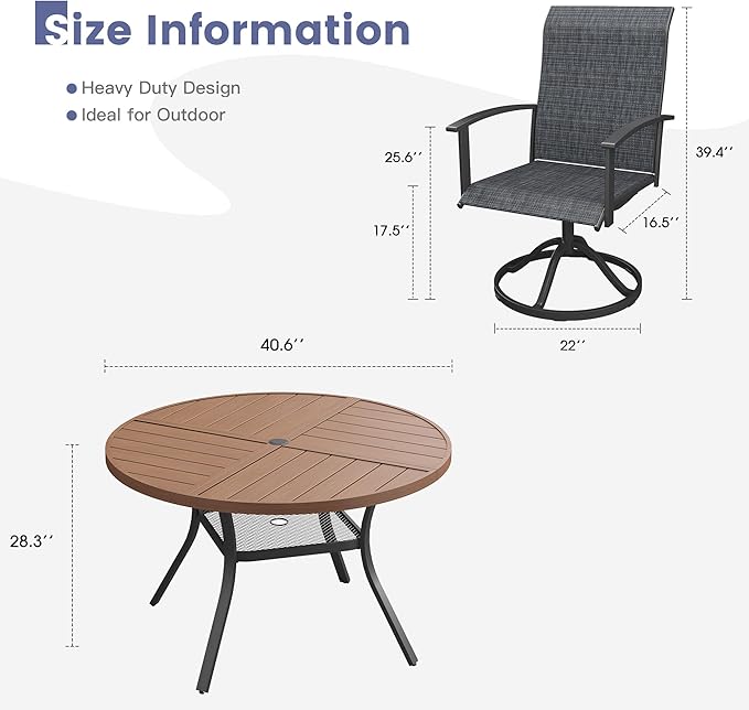 VICLLAX Outdoor Table and Chairs Set for 4, Patio Dining Set of 40.6" Metal Round Patio Table with Umbrella Hole & 4 Swivel Outdoor Dining Chairs for Backyard Lawn, Charcoal & Walnut