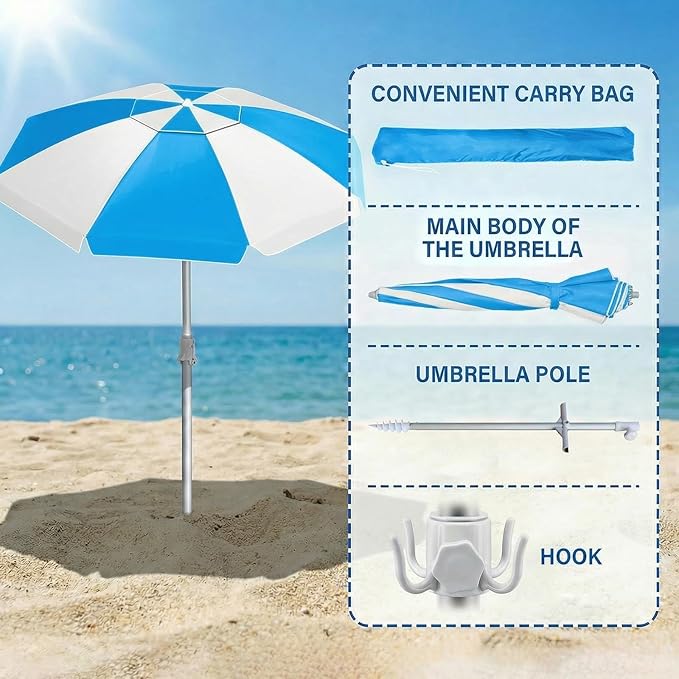 8FT Beach Umbrellas for Sand,Portable Outdoor Windproof Sun Umbrella with Push Button Tilt and Air Vent,UPF 50+ PU Coating for Patio Garden Pool Backyard