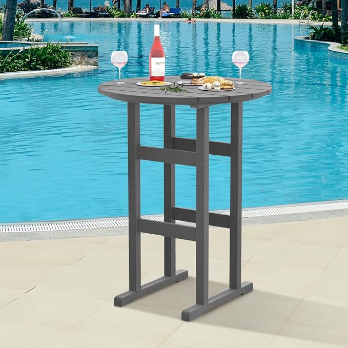 Sundale Outdoor Adirondack Round Bar Table, 39 Inch Height Patio Large Pub Table for 4, All Weather HDPE High Top Bistro Counter Tabl for Outside Deck Porch Balcony Poolside, Gray