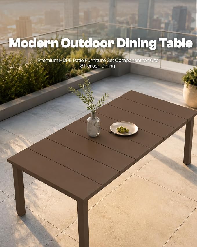 75.2" Outdoor Dining Table for 4-6 People, Patio Dining Outdoor Table with Umbrella Hole, All Weather Patio Table for Backyard, Deck and Garden, Brown
